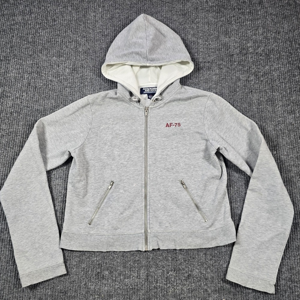 Abercrombie & Fitch Hoodie Womens Large Gray AF-75 Zip Sweatshirt Cropped Y2K - Picture 1 of 14